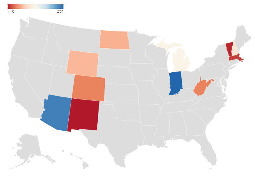 A U.S. map heatmap showing Arizona in deep blue, indicating that 245 patients per 100,000 residents are struggling with alcohol abuse and actively seeking help.
