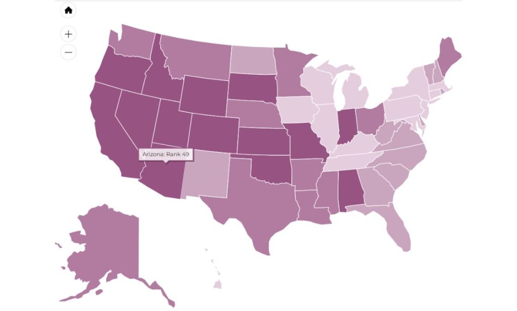 U.S. map showing mental health care access rankings, with Arizona ranked 49th for adult mental health care access.