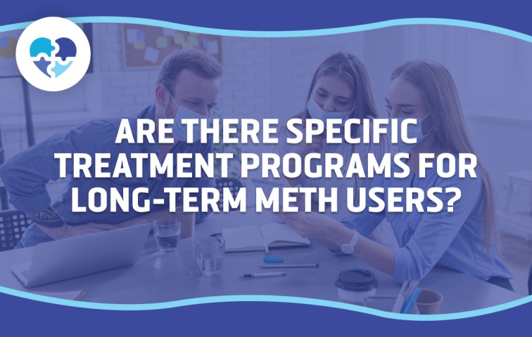 A group of people in a discussion setting, symbolizing treatment planning for long-term meth users, with text asking about specific treatment programs for sustained addiction recovery.