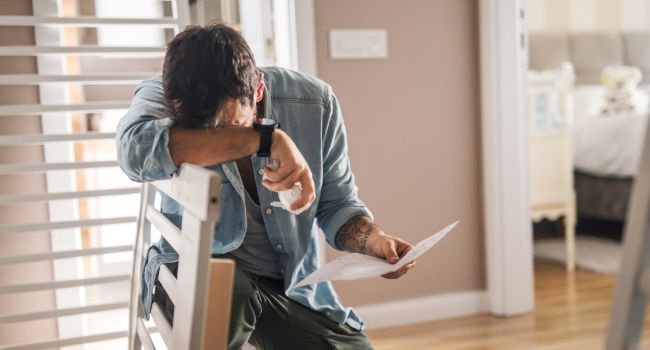 A distressed man sitting on a chair holding a letter, representing the emotional toll of lacking boundaries and highlighting the importance of setting limits in relationships affected by addiction.