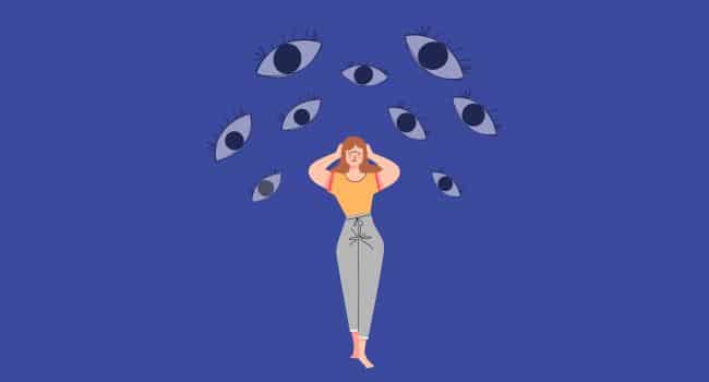 A woman stands with her hands on her head, while multiple eyes gaze down, symbolizing public stigma affecting addiction recovery in Arizona.