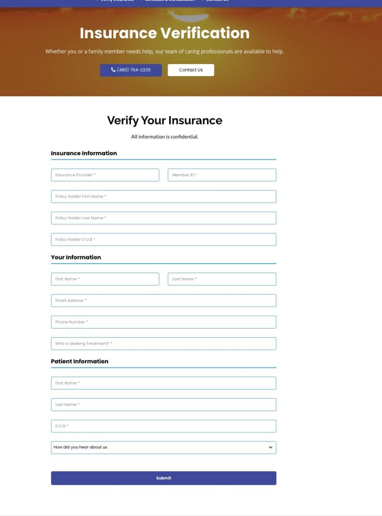 An online insurance verification form collecting personal and policy details to help determine coverage options.
