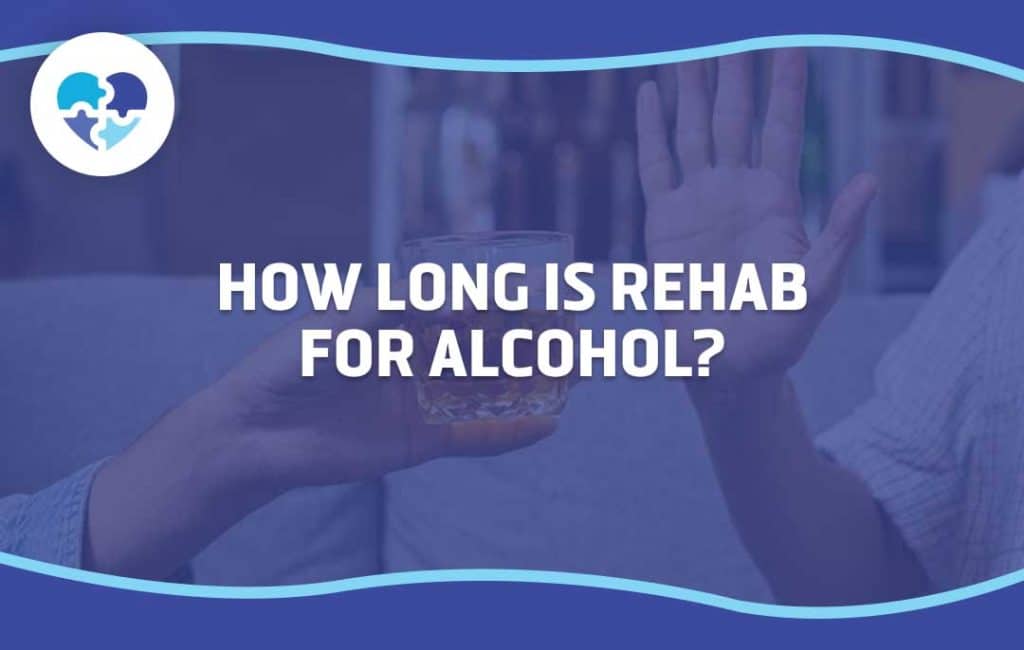 Visual representation of alcohol rehabilitation, featuring a hand rejecting a glass of alcohol with the text 'How Long is Rehab for Alcohol?' highlighting the duration of treatment programs for recovery.
