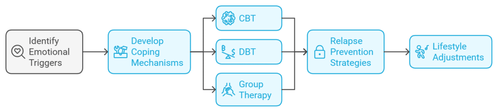 Flowchart depicting the structure of medium-term drug rehab programs (30–90 days): identifying emotional triggers, developing coping mechanisms (CBT, DBT, group therapy), relapse prevention, and lifestyle adjustments.