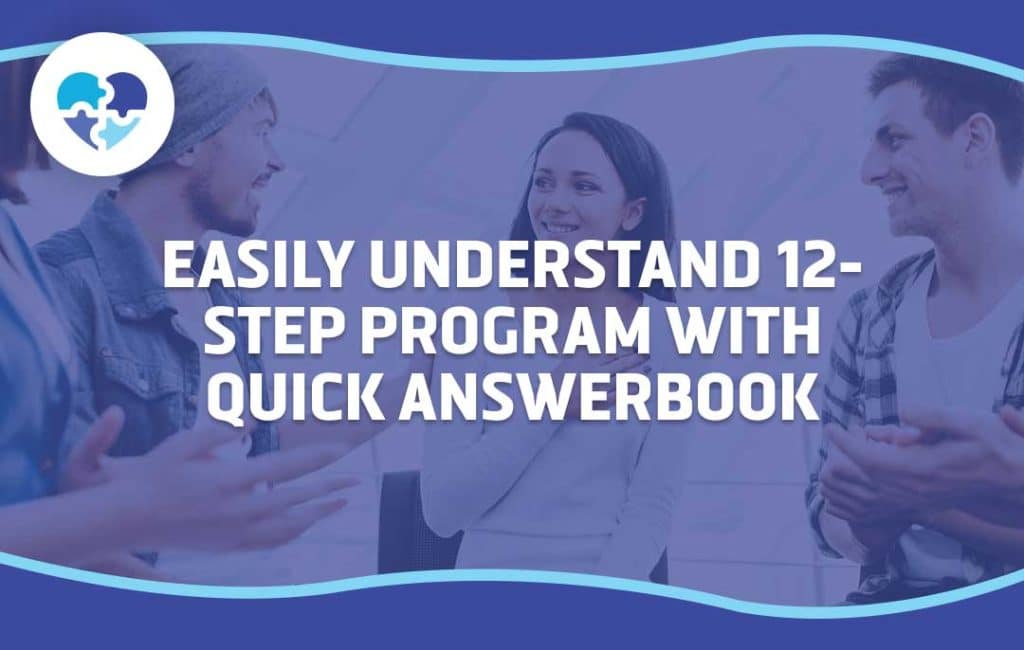 Participants in a group session referencing a quick answerbook for understanding the 12-step program.