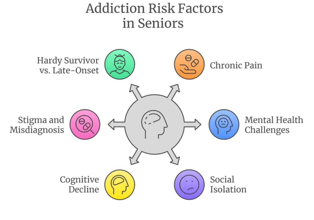 Infographic illustrating addiction risk factors in seniors: chronic pain, mental health issues, social isolation, cognitive decline, stigma, misdiagnosis, and hardy survivor vs. late-onset patterns.
