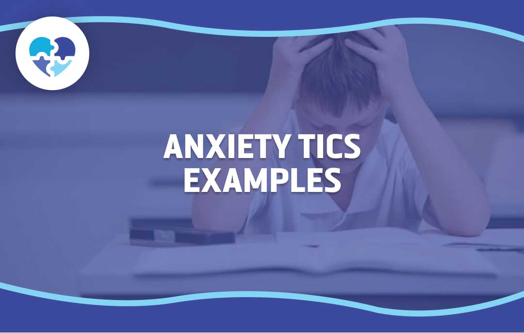 The image shows a distressed boy sitting at a desk, holding his head in frustration, symbolizing anxiety tics in teens, illustrating the physical manifestations of anxiety through tics.