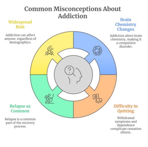 Infographic depicting common misconceptions about addiction: widespread risk, brain chemistry changes, difficulty in quitting, and the misconception that addiction only affects certain people.