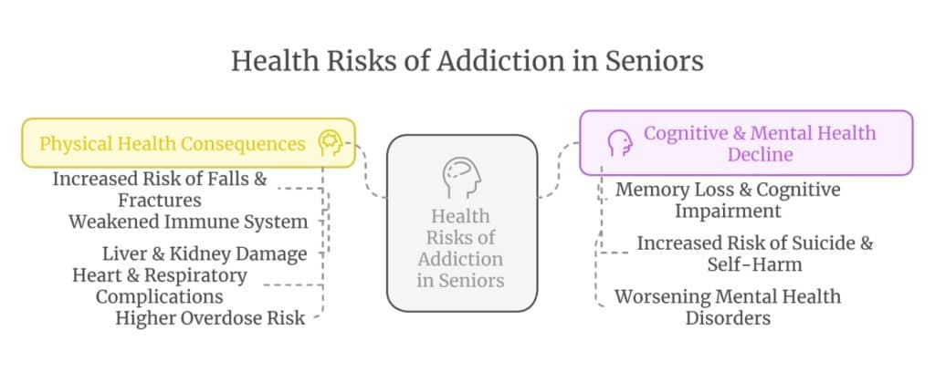 Infographic showing health risks of addiction in seniors: physical issues like falls, organ damage, overdose risk, and cognitive decline, including memory loss, suicide risk, and mental disorders.