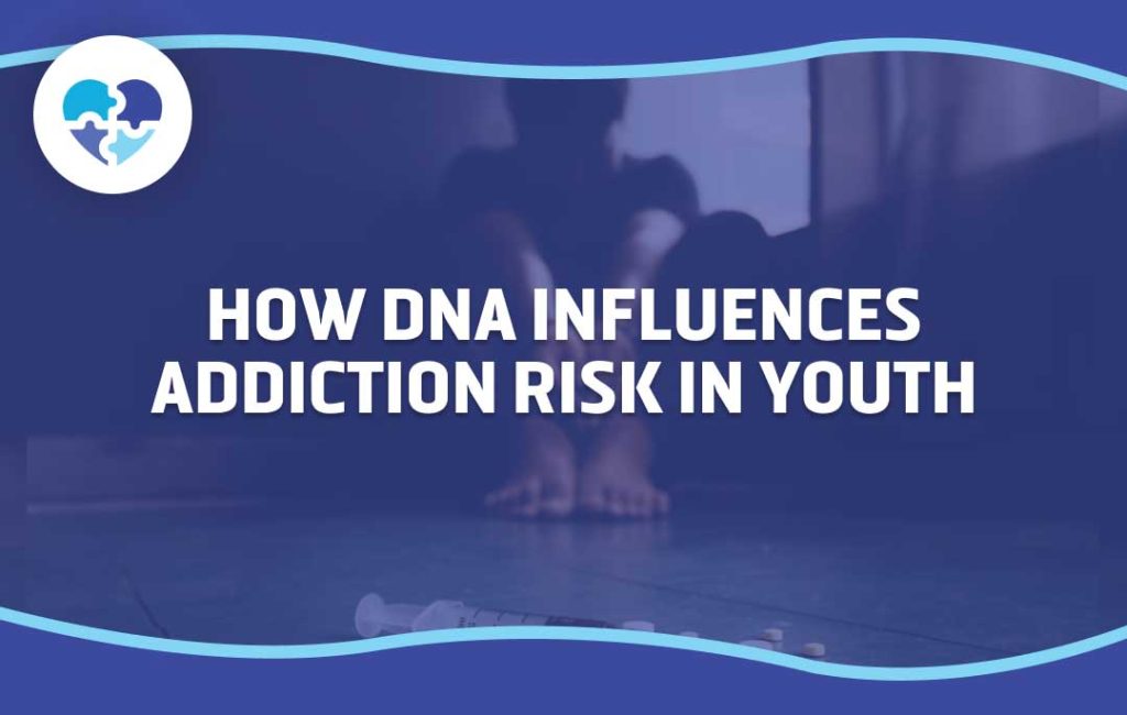 A young person sitting on the floor surrounded by drug paraphernalia, symbolizing the risk of addiction in youth, with a focus on how DNA influences their vulnerability to addiction.