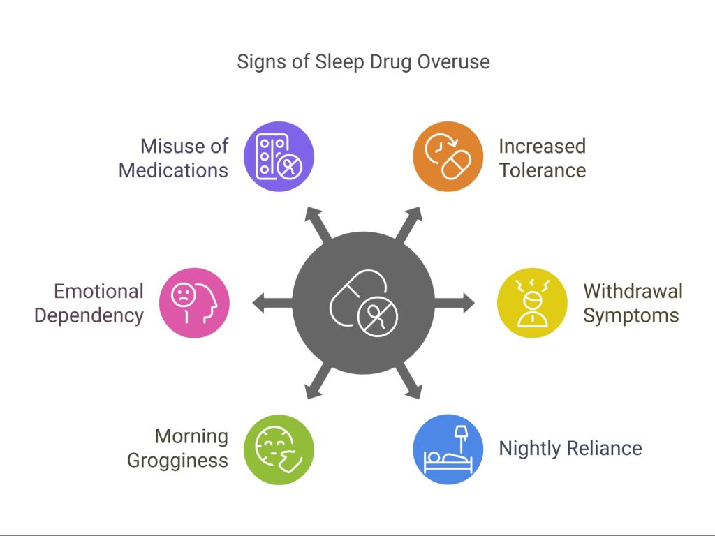 An infographic illustrating signs you may be overusing sleep drugs, including misuse of medications, increased tolerance, withdrawal symptoms, nightly reliance, morning grogginess, and emotional dependency.