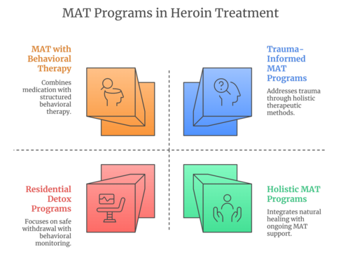 Four types of MAT programs in residential heroin treatment: behavioral, medication-assisted, dual diagnosis, and evidence-based therapies.