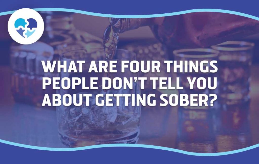 Glass of alcohol being poured on bar counter with overlay text asking about untold truths of getting sober.