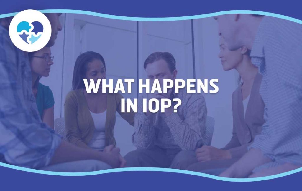 A therapy group in discussion, with one man appearing emotional, overlaid by the text “What Happens in IOP?” on a blue background.
