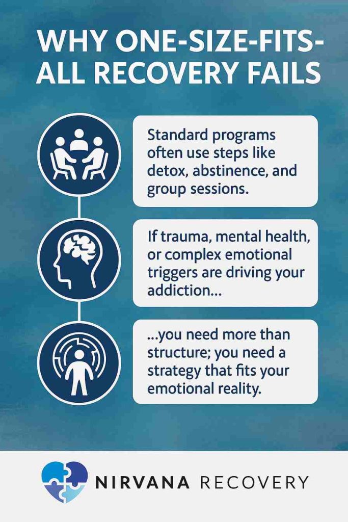 Diagram of three icons (group session, brain, person in maze) with text on why one-size-fits-all recovery fails.