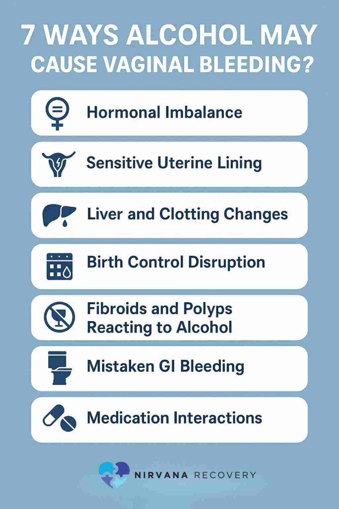 Seven ways alcohol may trigger vaginal bleeding: hormone imbalance, uterine sensitivity, liver/clotting changes and more.