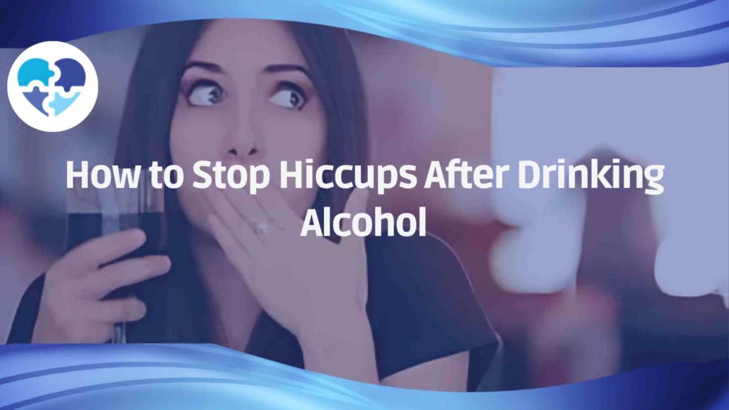 Woman holding a glass of wine, covering her mouth in surprise, with text “How to Stop Hiccups After Drinking Alcohol”