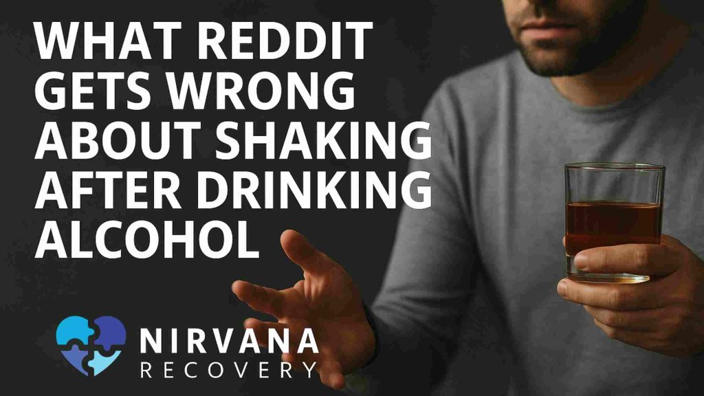Man holding a glass of whiskey looks worried, overlay text: What Reddit Gets Wrong About Shaking After Drinking Alcohol