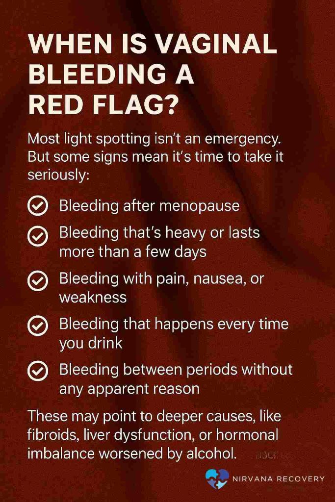 Vaginal bleeding warning signs: after menopause; heavy or prolonged; with pain or nausea; after drinking; between periods.