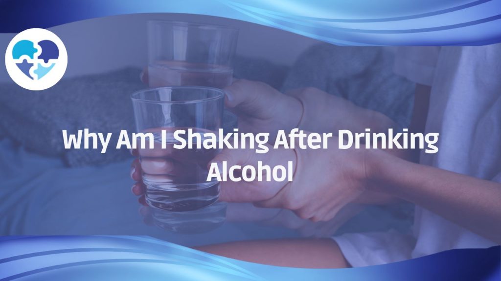 Hand offering a glass of water on a blue-toned background with overlaid text “Why Am I Shaking After Drinking Alcohol?”