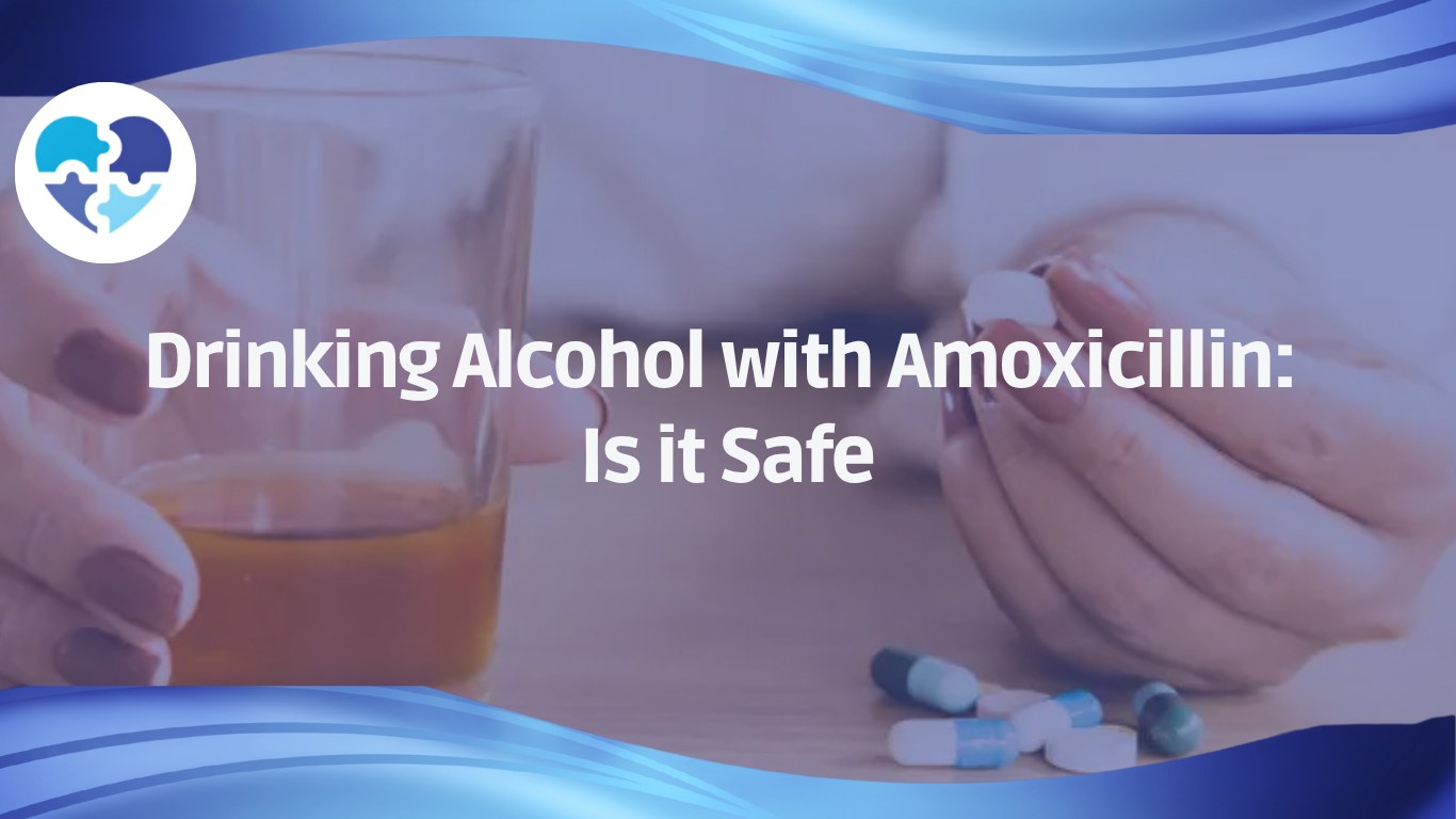 Close-up of a person holding alcohol in one hand and amoxicillin capsules in the other, questioning their safe combination.