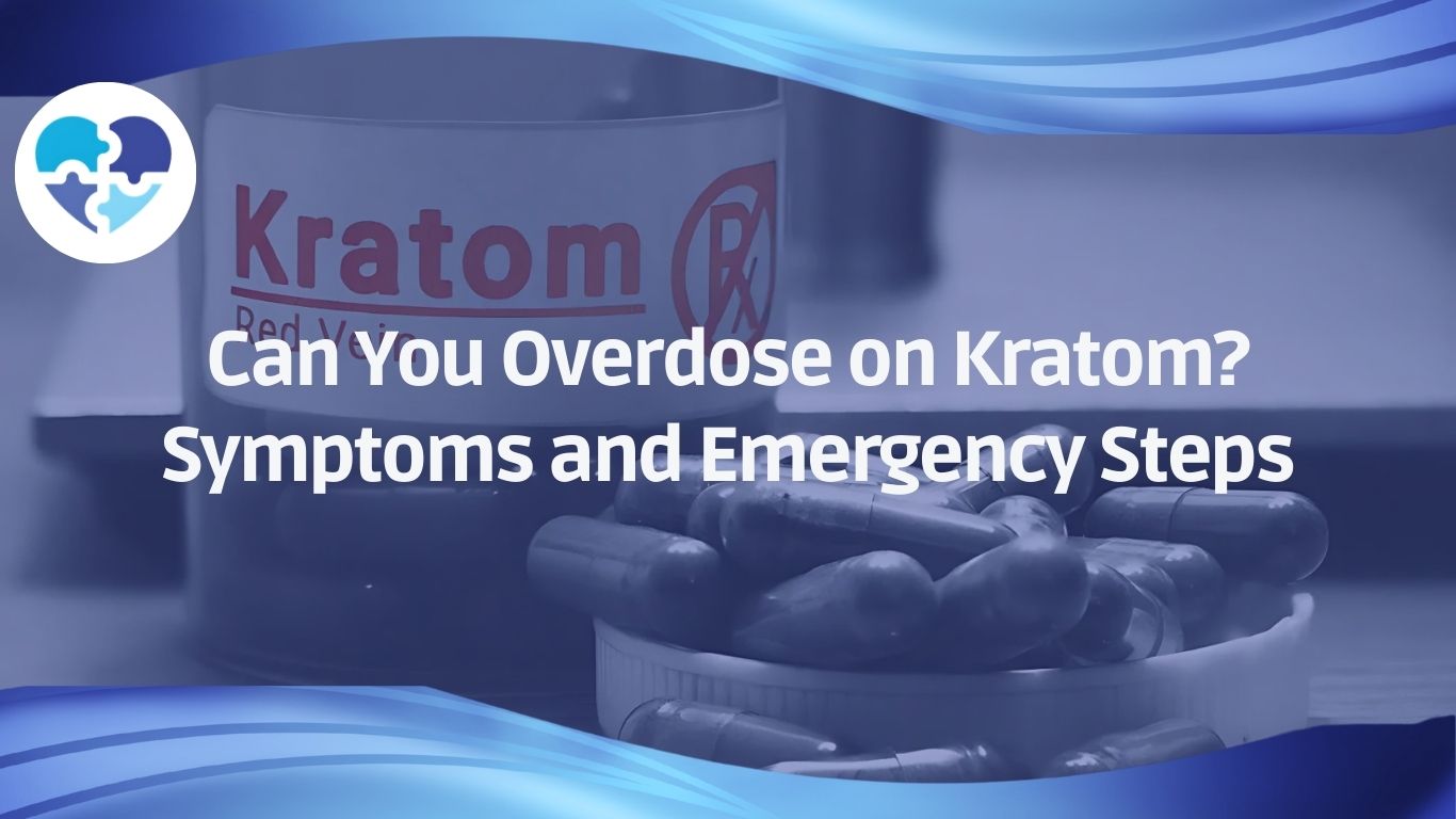 Kratom capsules and container on table illustrating discussion on overdose symptoms and emergency response steps.