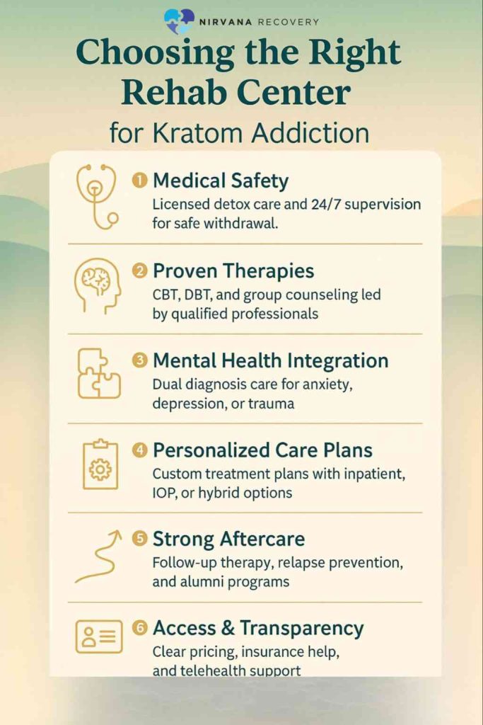 Infographic listing key factors for choosing the right rehab center, highlighting safety, therapy, and aftercare.